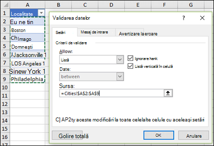 Selecție sursă de Validare date