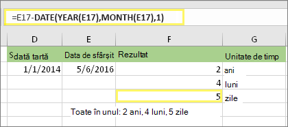 =DATEDIF(D17,E17,md) și rezultatul: 5
