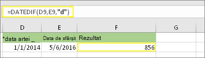 =DATEDIF(D9,E9,d) cu rezultatul 856