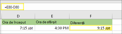=E80-D80 și rezultat: 9:15 AM