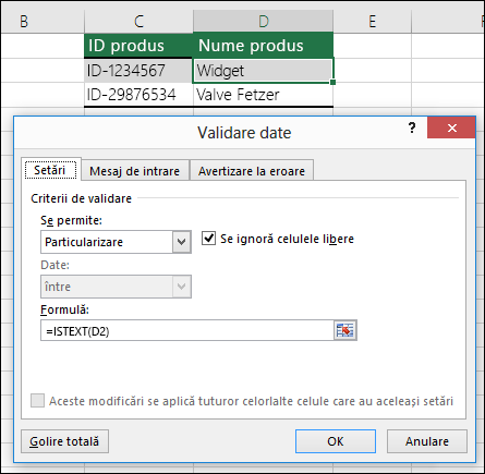 Exemplul 2: Formule în validarea de date