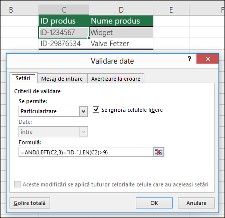 Exemplul 6: Formule în validarea de date