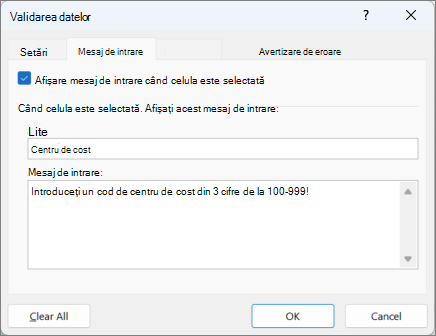 Setările mesajelor de intrare în caseta de dialog Validare date