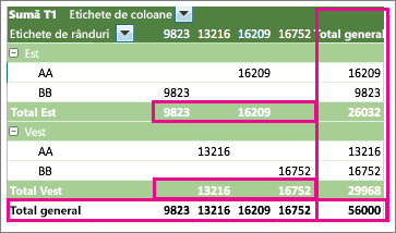 Example PivotTable showing subtotals and grand totals
