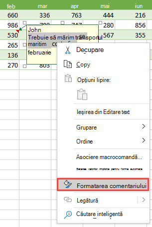 Formatați un comentariu selectând textul de formatat, apoi faceți clic dreapta și selectați Formatare comentariu.