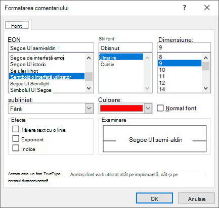Caseta de dialog Formatare comentariu, în care puteți alege fontul, stilul, dimensiunea, culoarea și altele.