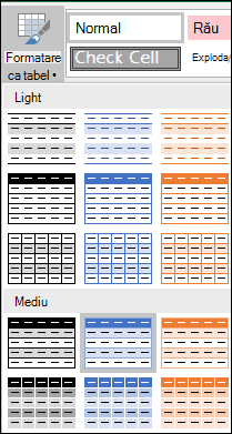 Selecții din Galeria de stiluri Excel pentru formatare ca tabel