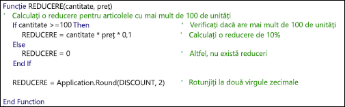 Exemplu de funcție VBA cu comentarii