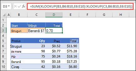 Utilizarea funcției XLOOKUP cu SUM pentru totalizarea unei zone de valori care se încadrează între două selecții