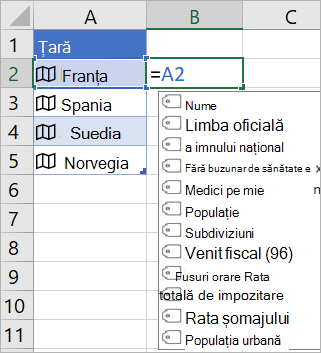 Celula A2 conține Franța; Celula B2 conține =A2. și se afișează meniul de completare automată a formulei cu câmpuri din înregistrarea legată
