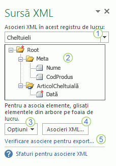 Panoul de activități Sursă XML