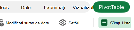 Imagine a butonului Listă de câmpuri din fila PivotTable pe iPad