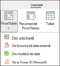 Lista verticală Inserare PivotTable afișată din opțiunea Power BI.