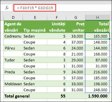 Funcție matrice cu mai multe celule în celula H10 =F10:F19*G10:G19 pentru a calcula numărul de mașini vândute după prețul unitar