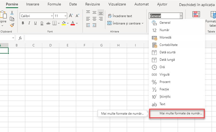 Meniul Format număr cu opțiunea Mai multe formate de număr evidențiată.