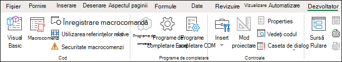 Captură de ecran care afișează grupul Cod de pe fila Dezvoltator.