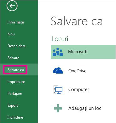 Opțiunea Salvare ca pe fila Fișier