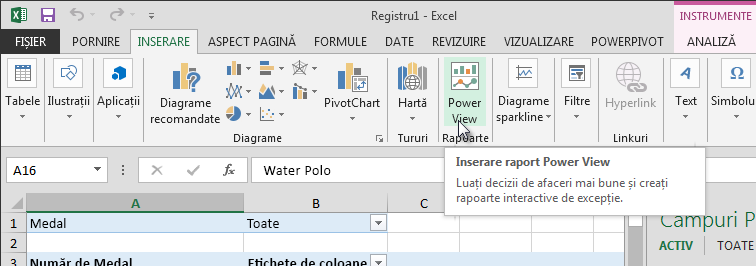 Inserați un raport Power View