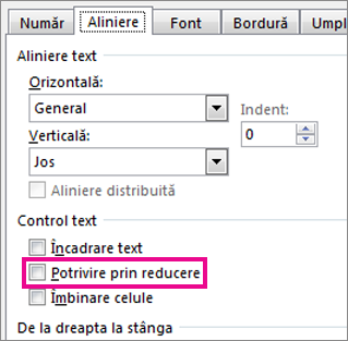Potrivire prin reducere pe fila Aliniere din caseta de dialog Formatare celule
