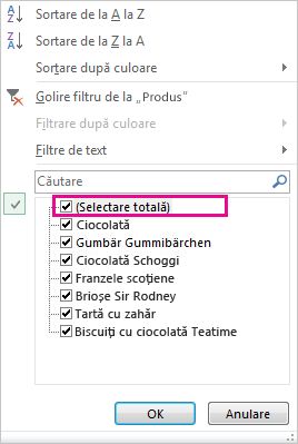 Caseta Selectare totală din galeria Sortare și filtrare