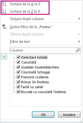 Comenzi de sortare din galeria Sortare și filtrare