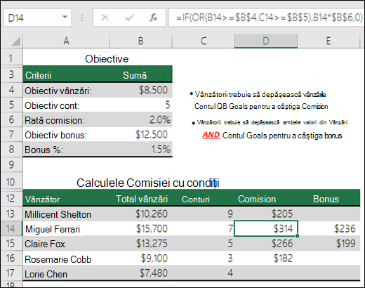 Exemplu de utilizare a IF sau OR pentru a calcula comisionul de vânzări.