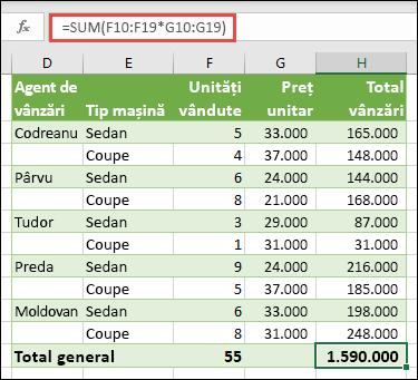 Formulă matrice cu o singură celulă pentru a calcula un total general cu =SUM(F10:F19*G10:G19)