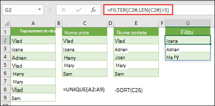 Operator de zonă vărsată (#) pentru a face referire la o întreagă zonă matrice vărsată cu =FILTER(C2#,LEN(C2#)>3)