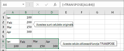 Celulele originale mai sus, celulele cu funcția TRANSPOSE mai jos