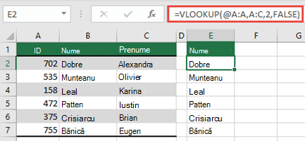 Utilizați operatorul @ și copiați în jos: =VLOOKUP(@A:A,A:C,2,FALSE). Acest stil de referință va funcționa în tabele, dar nu va returna o matrice dinamică.