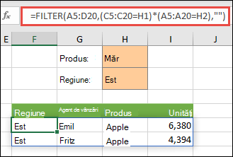 Utilizăm FILTER cu operatorul de înmulțire (*) pentru a returna toate valorile din zona de matrice respectivă (A5:D20) care conțin Mere ȘI se află în regiunea estică.