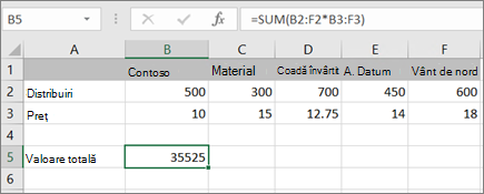 Un exemplu de formulă matrice care calculează un rezultat unic