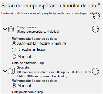 Panoul Reîmprospătare setări pentru tipurile de date.