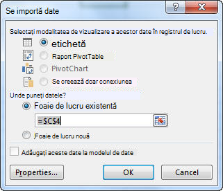 Caseta de dialog Import date din Excel
