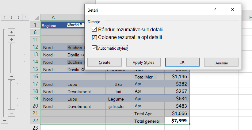 Caseta de dialog Setări cu Stiluri automate selectat