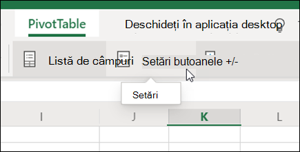 Butonul Setări din fila PivotTable din Excel pentru web