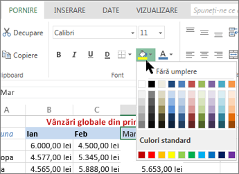 butonul de umplere și opțiunile de pe panglică