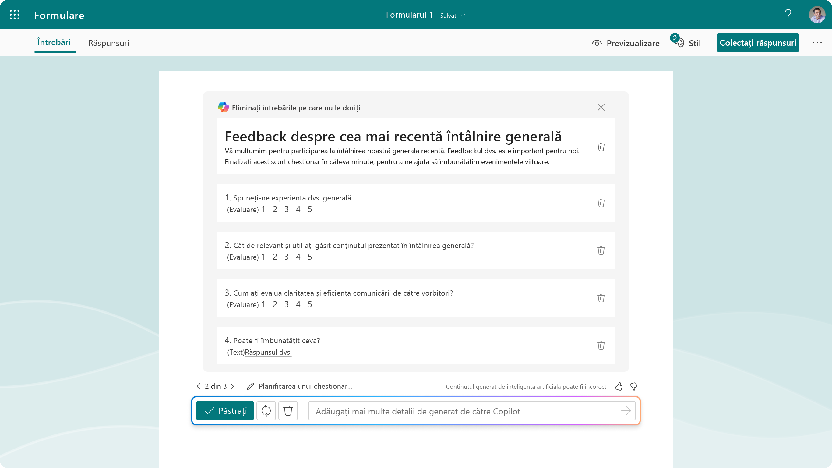 Captură de ecran afișând întrebările sugerate pentru Copilot în Forms
