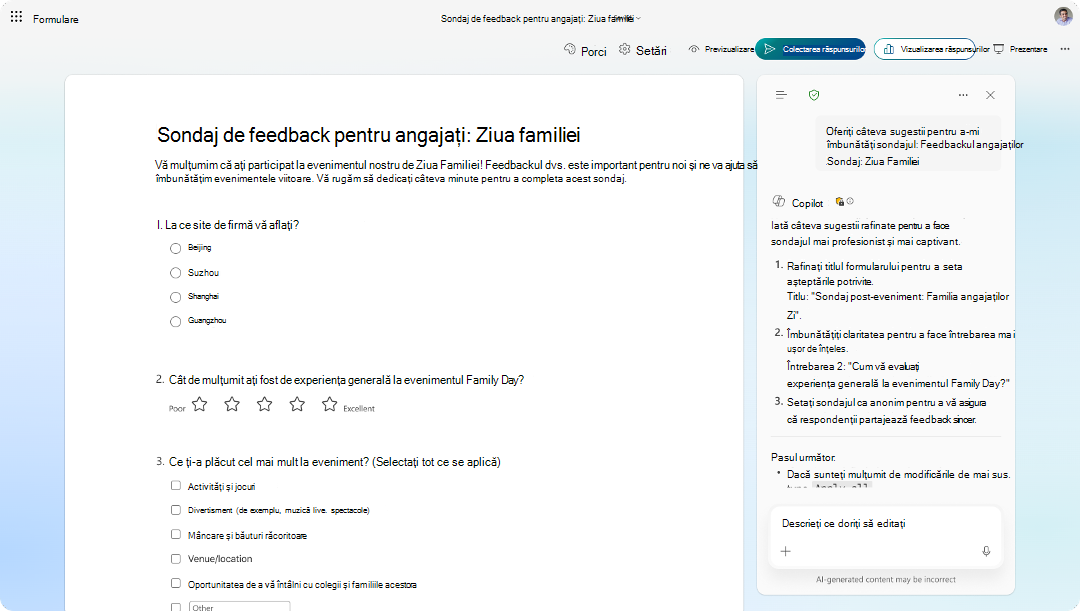 Captură de ecran a formularului de sondaj privind feedbackul angajaților, cu panoul de sugestii Copilot care oferă îmbunătățiri.