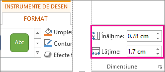 Casetele Înălțime și Lățime din fila Instrumente de desen - Format