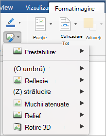 Afișează opțiunile din meniul Efecte imagine