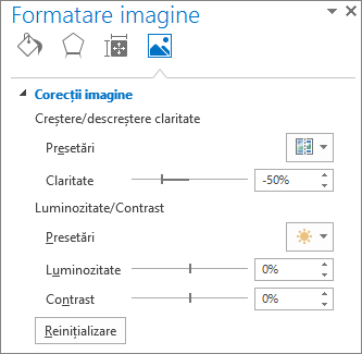 Opțiunile Corecții imagine din panoul de activități Formatare imagine