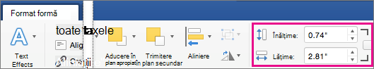 Pe fila Format formă, casetele Înălțime și Lățime sunt evidențiate.