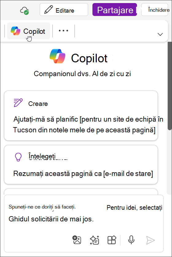 Accesarea butonului Copilot în OneNote pentru Teams