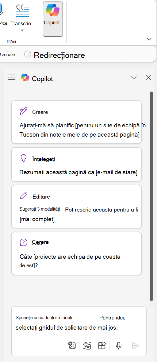 Panoul Copilot din OneNote, în partea dreaptă a paginii.