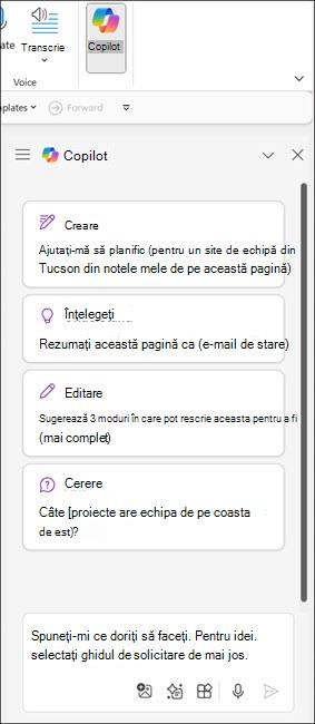 Captură de ecran a panoului Copilot din OneNote