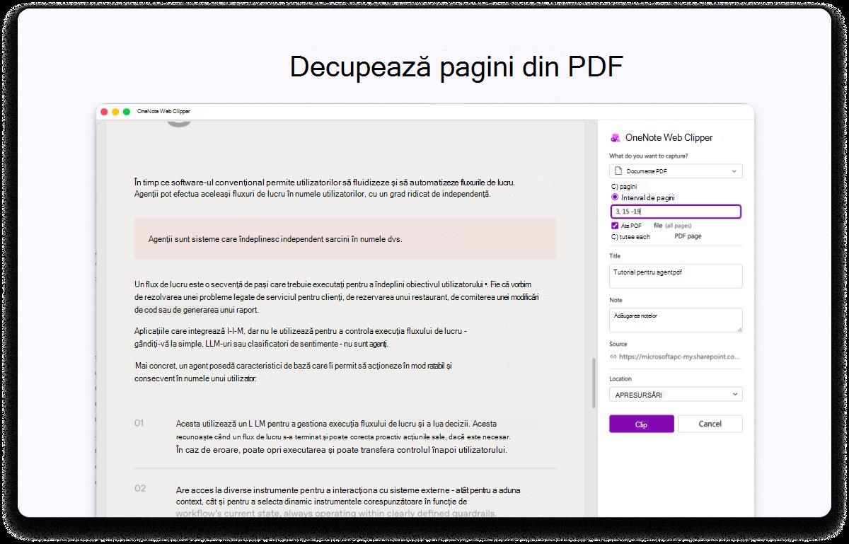 Captură de ecran a unei pagini PDF cu un panou lateral pentru setări. Textul din partea de sus spune să decupați paginile din PDF.