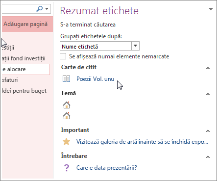 Căutați note etichetate în panoul Rezumat etichete