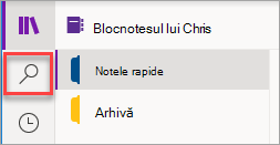 Locația butonului Căutare din OneNote pentru Windows 10.