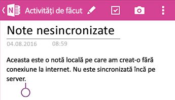 O notă nesincronizată în OneNote pentru Android
